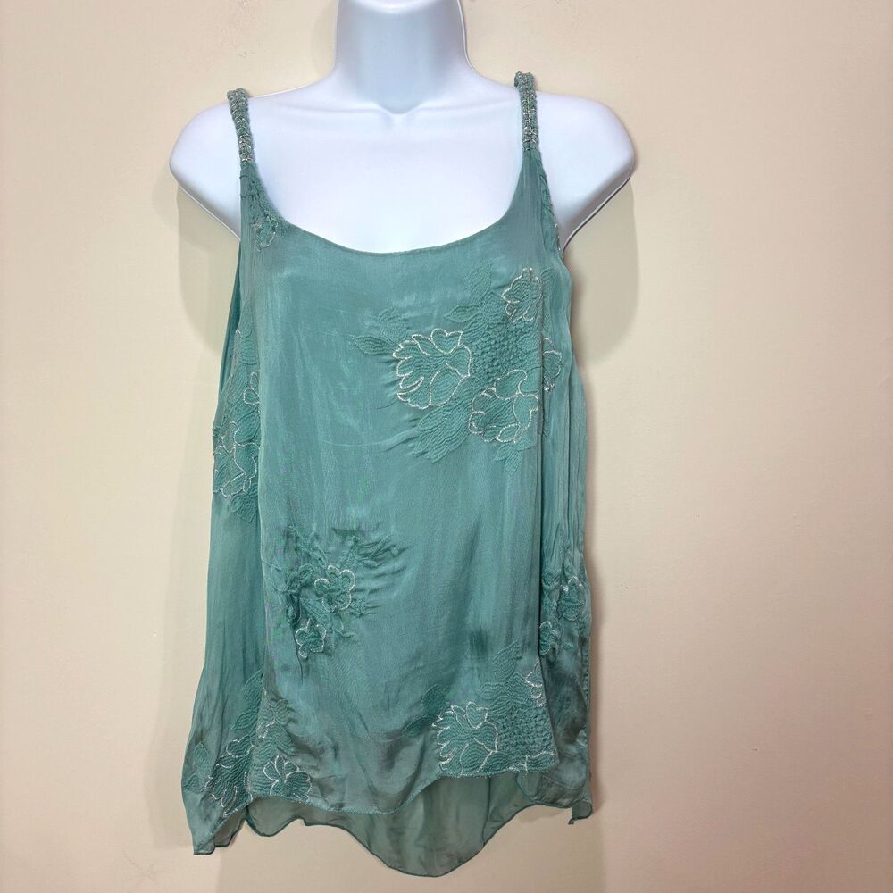 Unbranded Italy Silk Cami Top Women M Teal Green Floral Embroidered Flowy Fairy